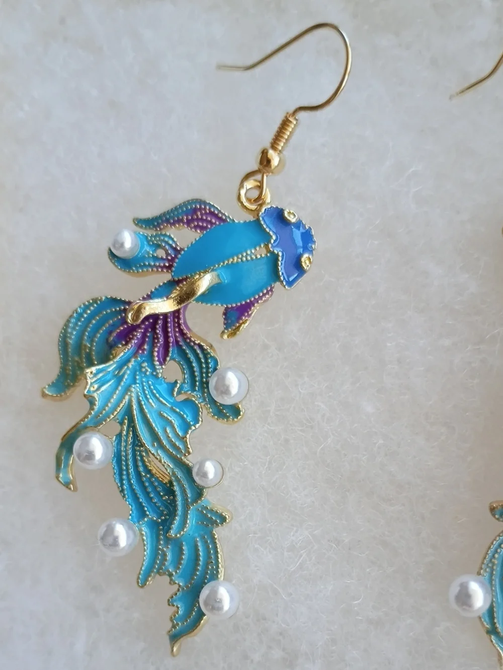 Betta Fish Enamel Pearl 3D Earrings Gold Toned